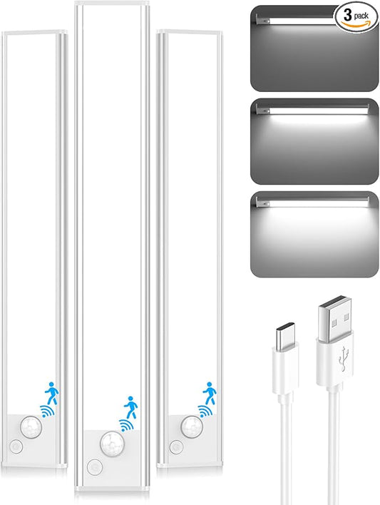 12'' Under Cabinet Lights, 2500mAh LED Battery Operated Rechargeable Motion Sensor Lights Indoor, Magnetic Dimmable Closet Light, Wireless Under Counter Cupboard Night Light for Kitchen, Stair, 3 Pack