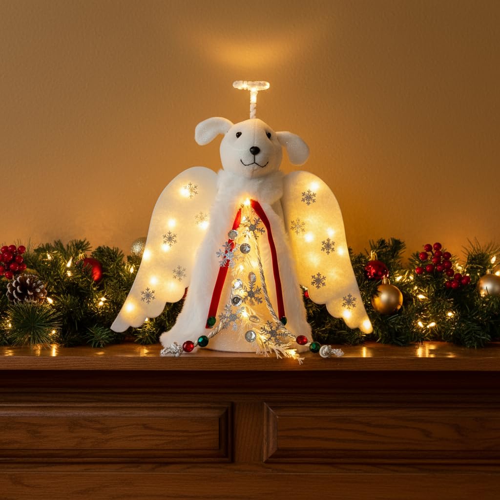 iHeartDogs Christmas Tree Topper Decoration - The Original Dog ‘Christmas Miracle’ Angel Dog Tree Topper LED Lighted Halo, Snowflake Garland & Wings Decor Ornament, Holiday Decoration