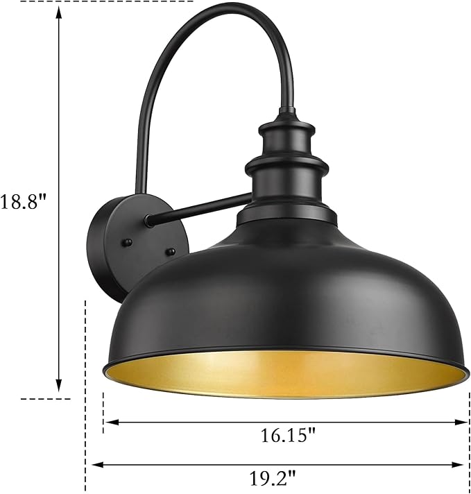 Bestshared Large Outdoor Farmhouse Barn Lights 16 Inch Dome Outdoor Wall Lantern Industrial Wall Sconces Exterior Gooseneck Mount Light,Vintage Outdoor Lighting Fixture (2Pack, Black+ Gold)