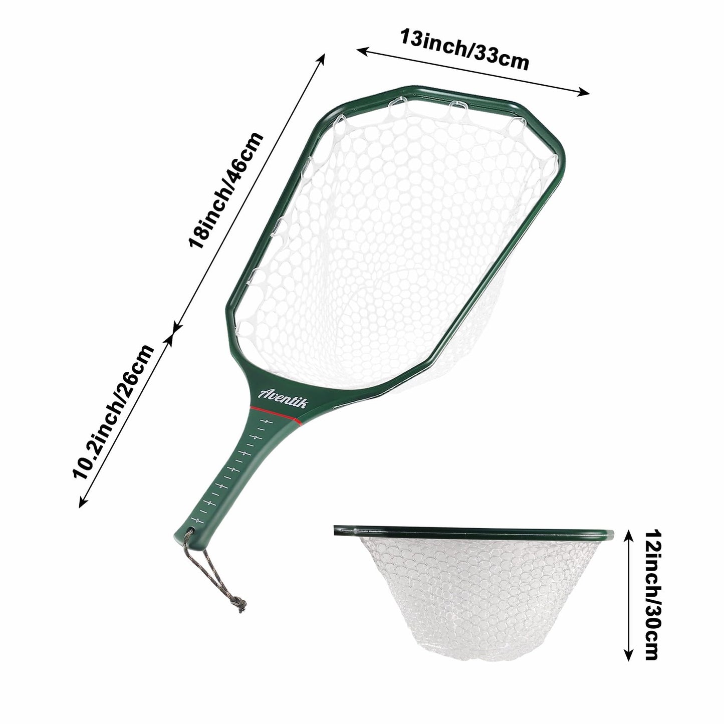 Aventik Floating Fly Fishing Net – Carbon Fiber Lightweight Landing Net with Clear Rubber Ghost Mesh for Trout – Catch and Release Friendly (Green with Standard Handle)
