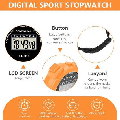 Vicloon Digital Simple Stopwatch - Large Display, Single Lap Split, 12/24 Hour Clock Alarm Date for Coaches, Kids' Training, Swimming, Running (Orange)