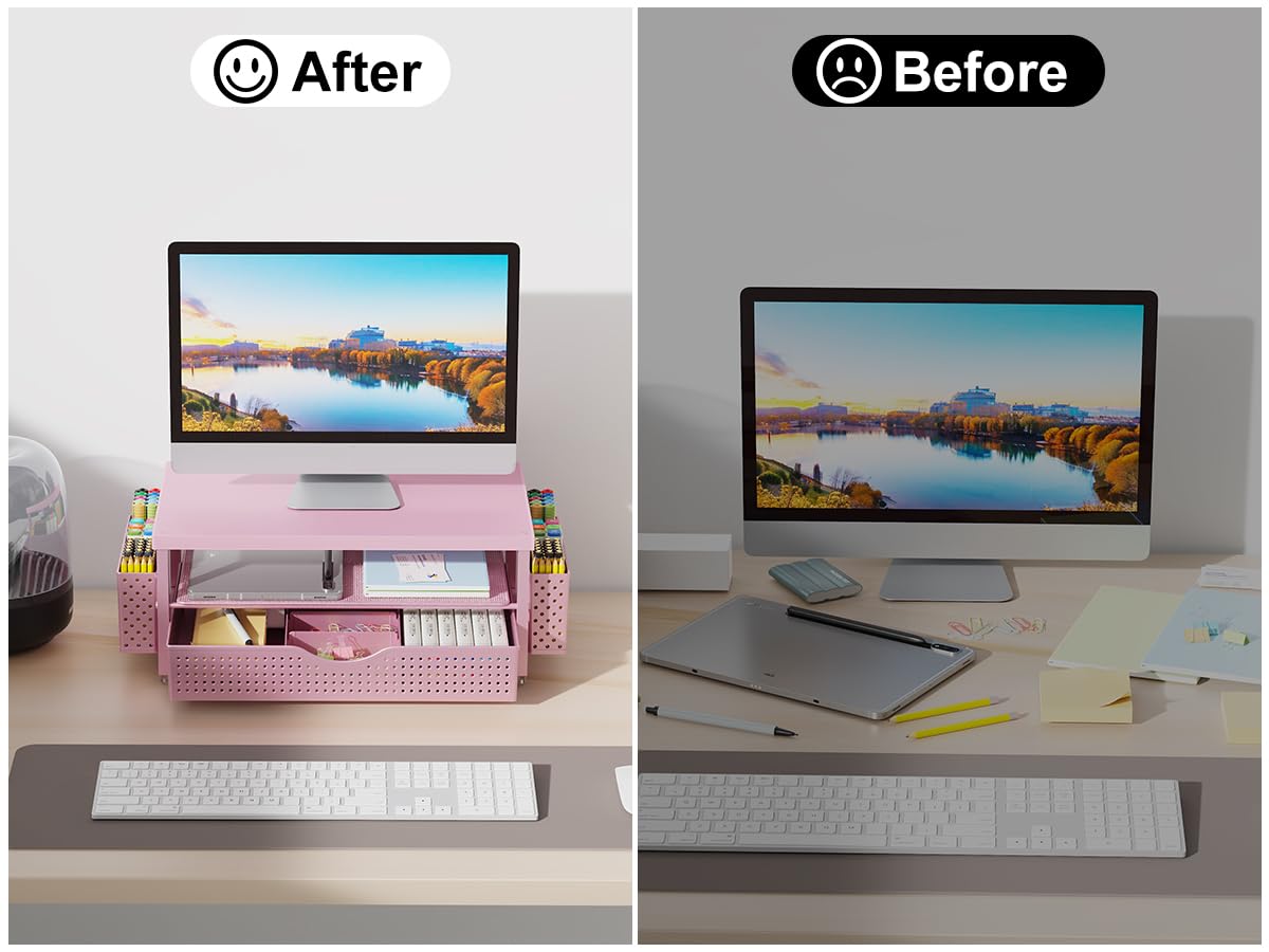gianotter Wood Monitor Stand Riser, Desk Organizer with Drawer and 2 Pen Holders, 2-Tier Workspace Organizer for Office Supplies(Pink Wood)