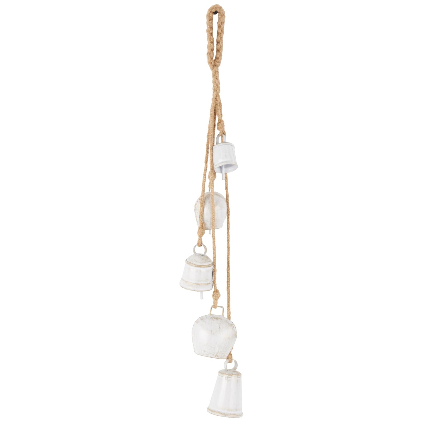Deco 79 Metal Indoor Outdoor Decorative Bells Tibetan Inspired Cascading Meditation Bell with 5 Bells on Jute Hanging Rope, Cow Bell 3" x 3" x 28", White
