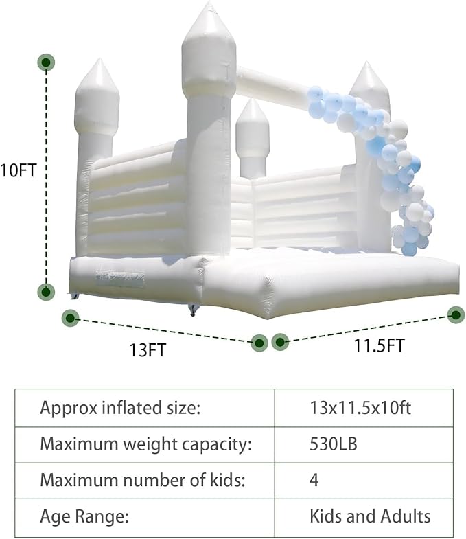 White Bounce House Castle with Air Blower 13FT, PVC Inflatable Bouncy Castle White Jumper Bouncy Castle Wedding Decorations Jumping Bed for Party Birthday(13FT x 11.5FT x 10FT)