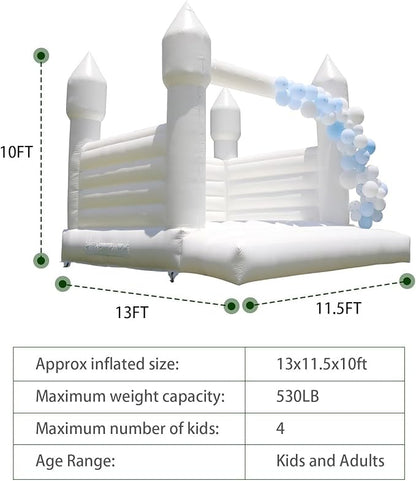 White Bounce House Castle with Air Blower 13FT, PVC Inflatable Bouncy Castle White Jumper Bouncy Castle Wedding Decorations Jumping Bed for Party Birthday(13FT x 11.5FT x 10FT)