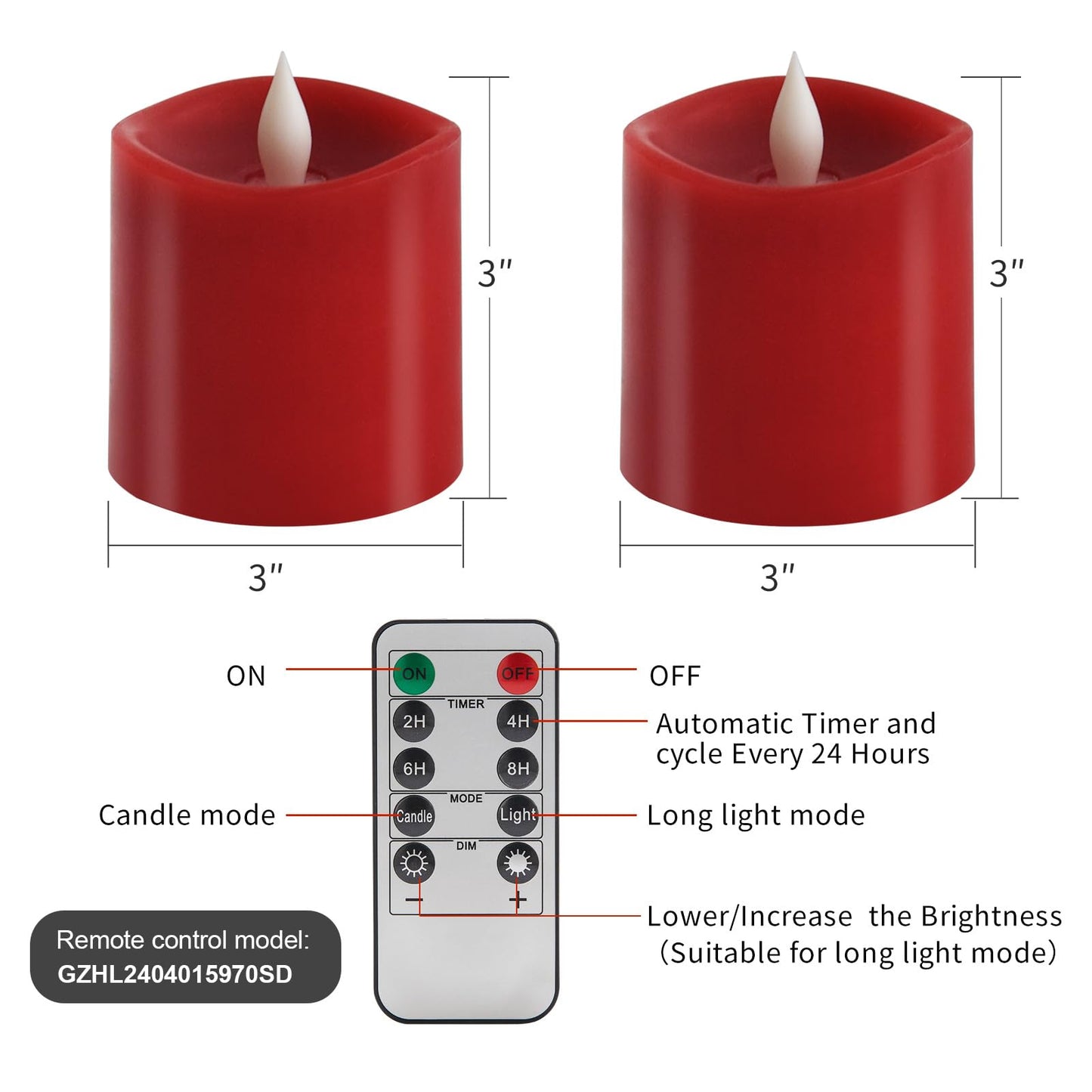 ASLDOIWEH 3x3 Flickering Flameless Candles Set of 2, 2AA Battery Life 600 Hours Battery Candles Flickering with Timer, 3 inch Flameless Candles with Remote for Indoor/Outdoor, Red