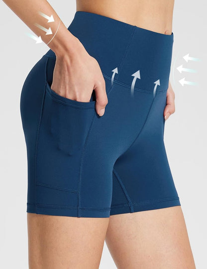 baleaf Womens Spandex Shorts 5" High Waisted Biker Workout Lycra Compression Shorts with Pockets Blue M
