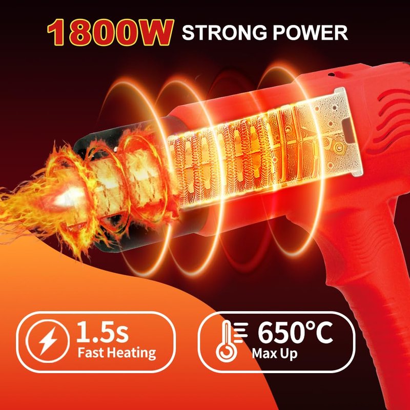 BILLION GOLD 3D Grip Heat Gun 1800W - 120℉ to 1200℉ Dual Temperature Hot Air Gun Kit with 4 Nozzles - Black Red Professional Heat Shrink Gun for Crafts, Shrink Wrap, Electronics Repair