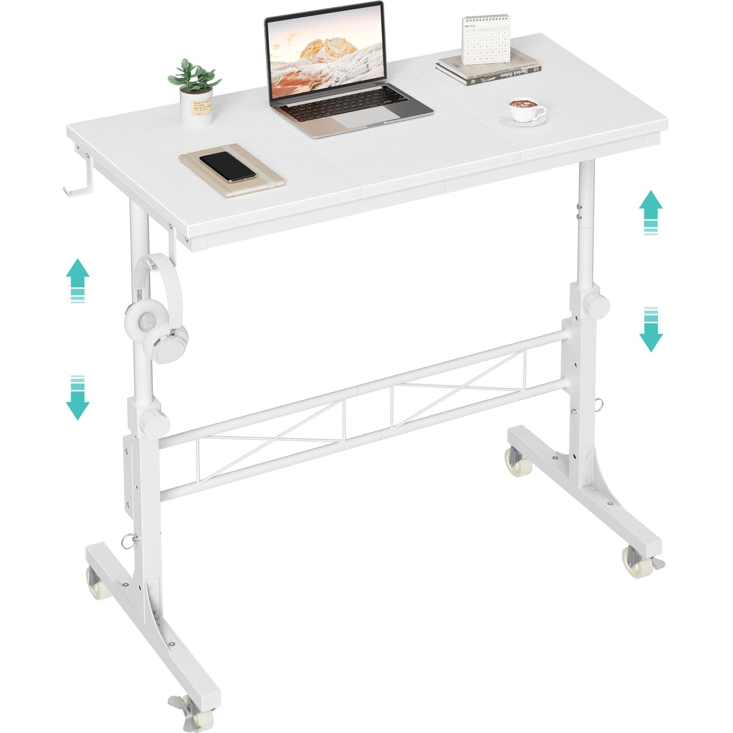 WINAZ Small Portable Treadmill Walking Pad Desk on Wheels, 32 Inch White Adjustable Height Mobile Rolling Standing Teacher Desks, Couch Sofa Side Laptop Stand Up Table for Bedroom, White