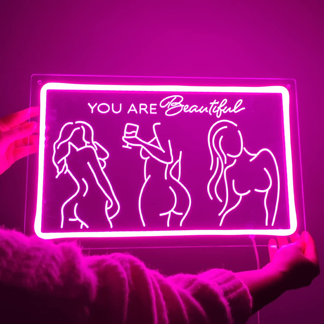 Britrio Lady Back Neon Sign Pink Neon Wall Art Decor You Are Beautiful LED Night Light for Girl Bedroom Man Cave Home Bar Pub Store Home Party Decor Women Birthday Gifts 15.75 IN