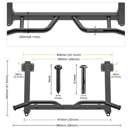 Kipika Joist Mount Pull Up Bar - Heavy Duty Chin Up Bar - 4 Height Levels, Multi-Angle Grip, Rings for Accessories - Ideal for Home Gym Workout and Crossfit Training
