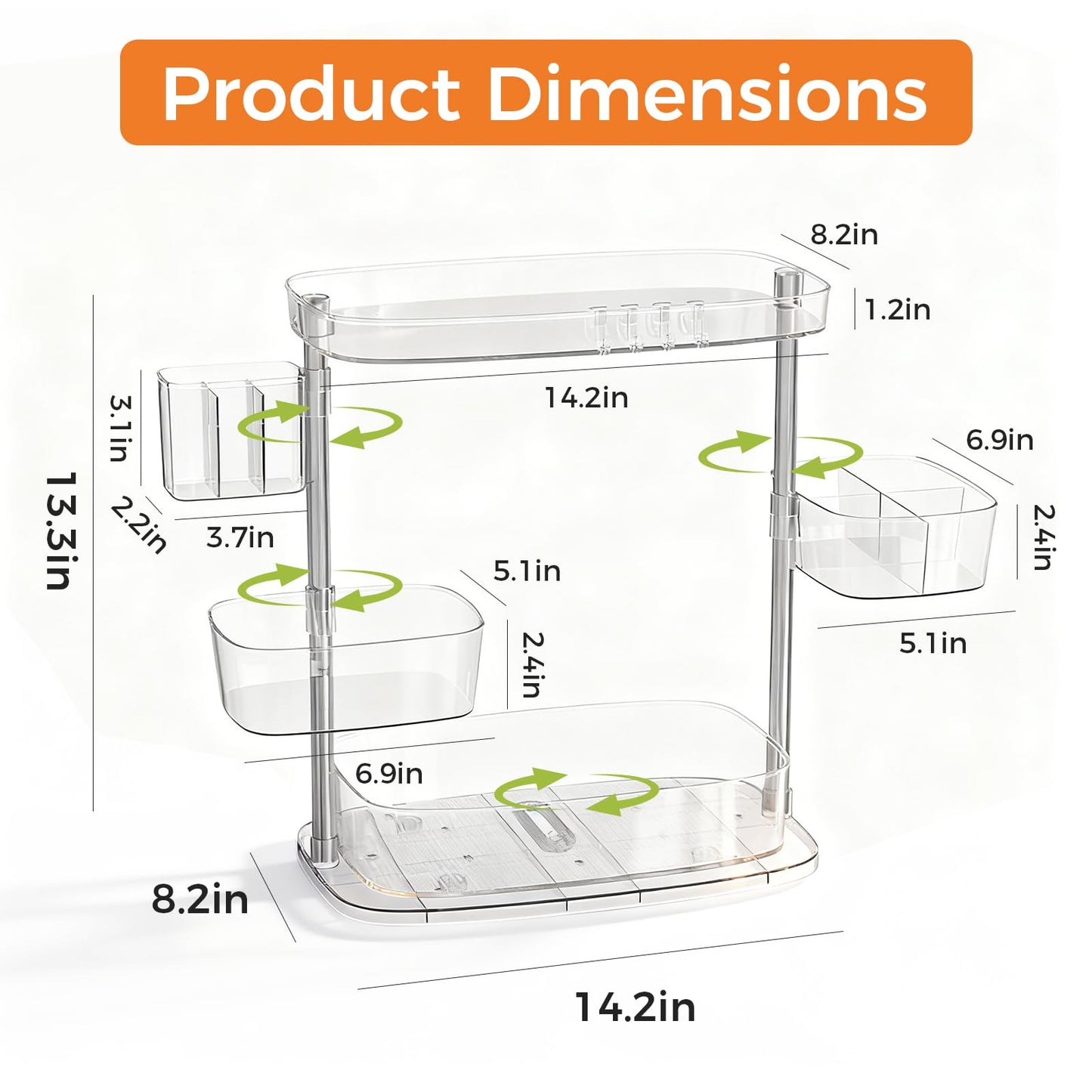 YOSHIONAL Rotating Makeup Vanity Organizer, Bathroom Countertop Cosmetic Skin Care Storage,Cosmetic Display Case with Brush Holder,for Skincare Perfume Cosmetics,Detachable Hanging Trays & Hooks