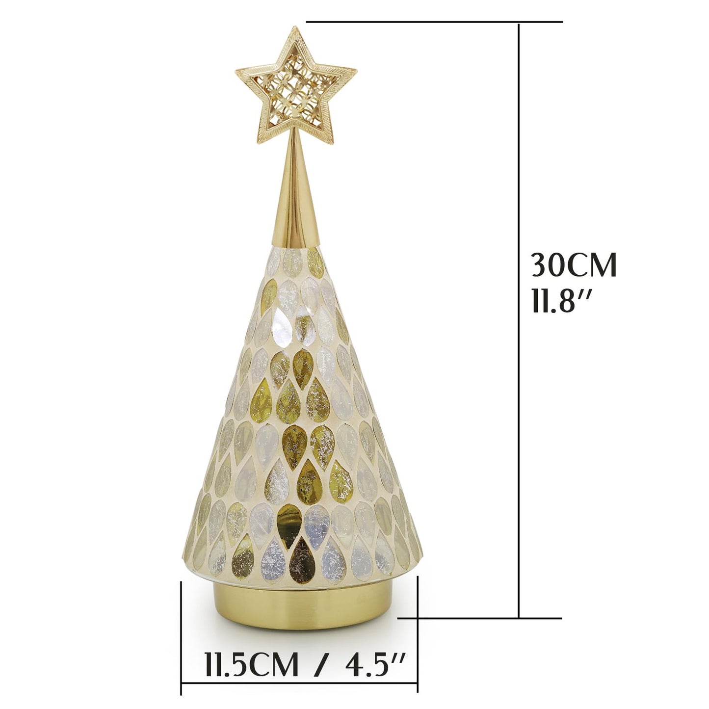 Gold Mosaic Glass Christmas Tree with Star, 2 PCS Small Tabletop Christmas Trees with Light, Battery Operated Xmas Tree for Mantel Decor 11"