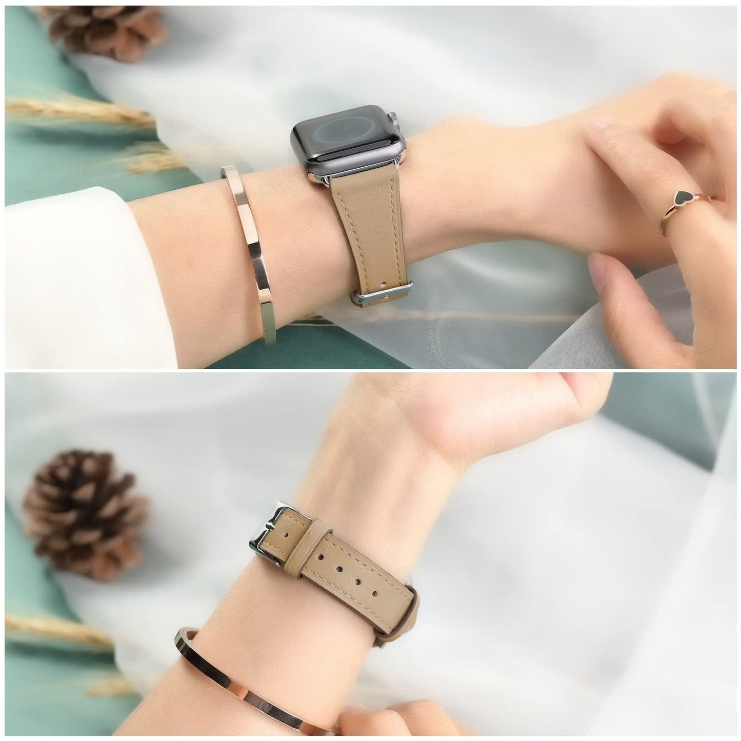 HANDODO Italian Genuine Leather Band Women for Apple Watch Series 11 10 9 8 7 6 5 4 3 2 1 SE SE2, SGS Certified Dressy Bracelet Cute Strap for iWatch 38mm 40mm 41mm 42mm, Camel
