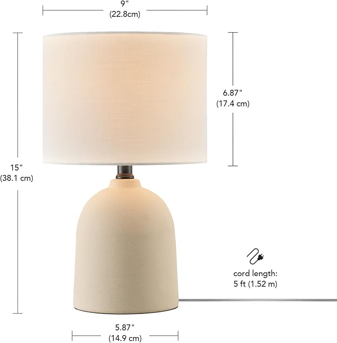 GLOBE Electric 61000142 15" Table Lamp, Ceramic, Light Concrete Finish, White Linen Shade, Rotary Switch on Socket, 5-Foot Clear Cord, Bedroom, Home Décor, Nightstand