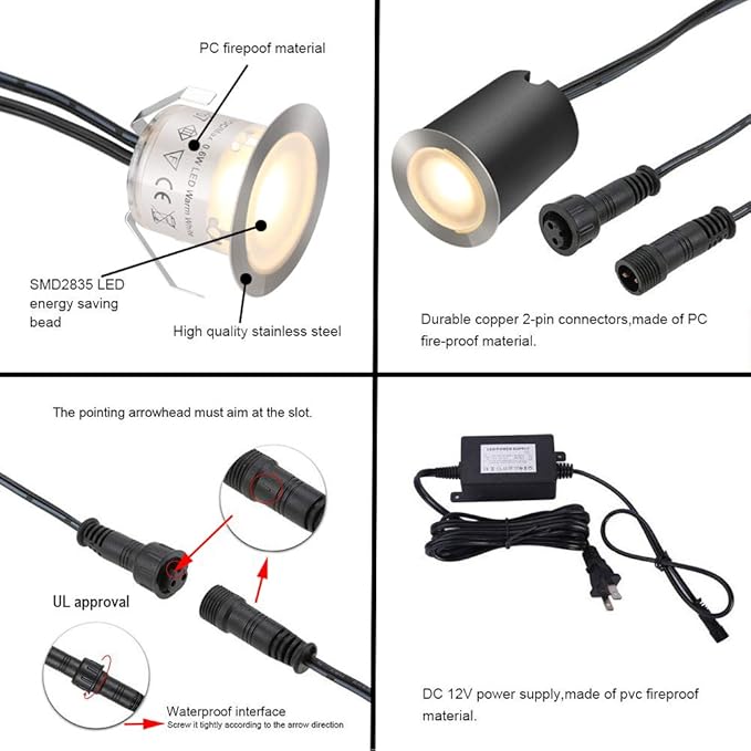 SMY Lighting 10 Pack Recessed LED Deck Light Kits with Protecting Shell, 32mm, Warm White, IP67 Waterproof, 12V Low Voltage, for Outdoor Garden, Patio, Stair, Kitchen Decoration