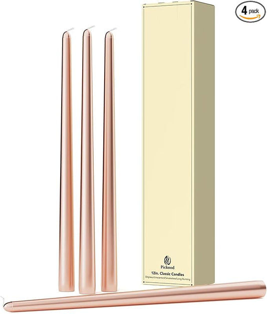 12-Inch Tall Dripless Taper Candles Set of 4 - Rose Gold Tapered Candles, Perfect for Spring - Smokeless, Unscented, Long Burning - Hand Poured, Colored Tall Candlesticks - Rose Gold