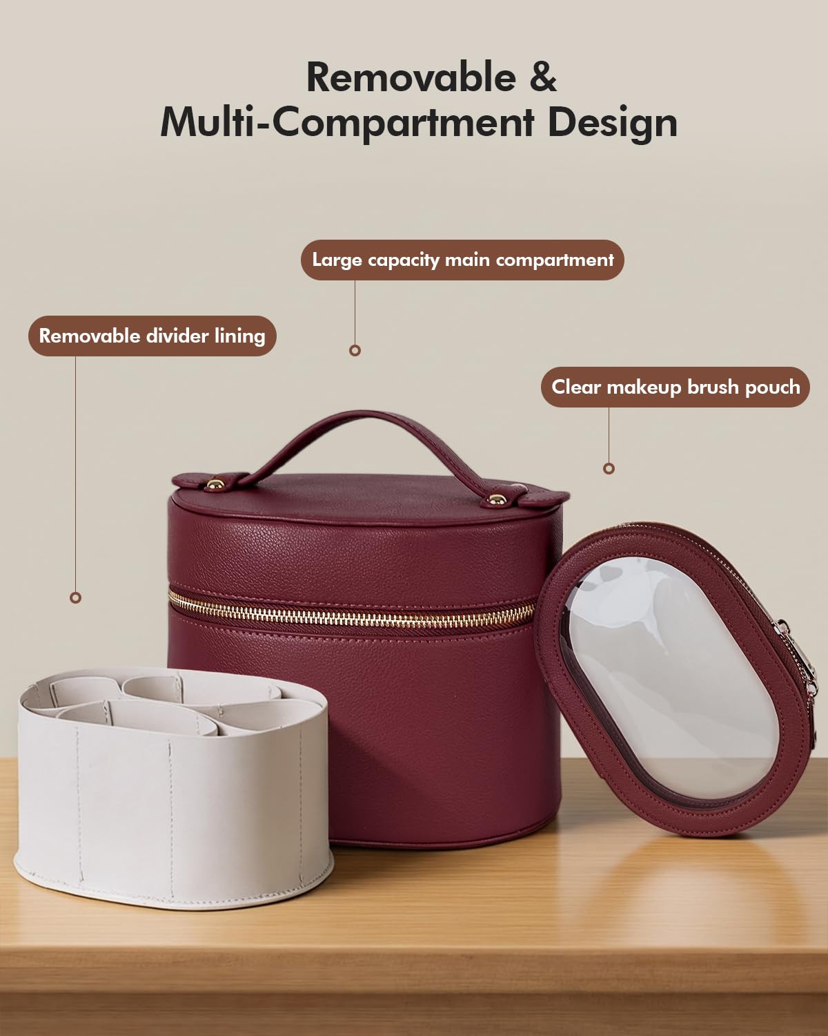 Prite Makeup Bag Travel Cosmetic Case with Clear Toiletry Pouch and Removable Divider, Vegan Leather Organizer for Women