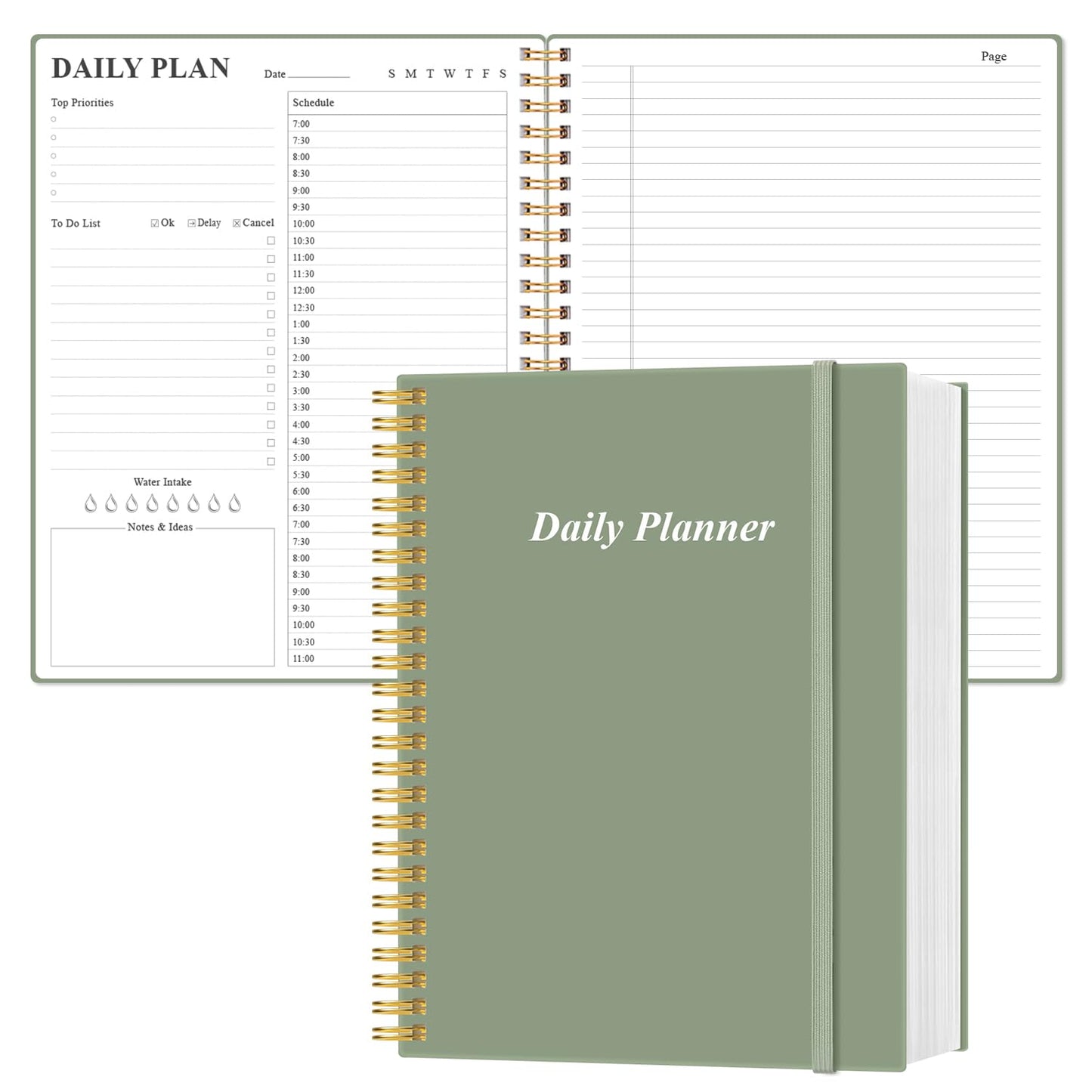 Daily Planner Undated - A4 To Do List Notebook Hourly Schedules, Spiral Appointment Planner for Women and Men,PVC Hardcover, Inner Pocket, Elastic Closure, 8.5" x 11", Green