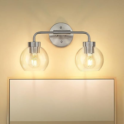 zeyu Modern Bathroom Vanity Lamp, Globe Vanity Light for Bathroom, 2-Light Wall Mirror Light, Brushed Nickel Finish with Clear Glass Shade, ZS62BG-2W BN