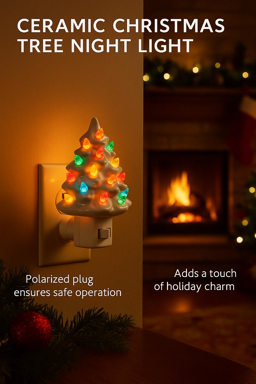 Collections Etc. Decorative Ceramic Christmas Tree Night Light -White