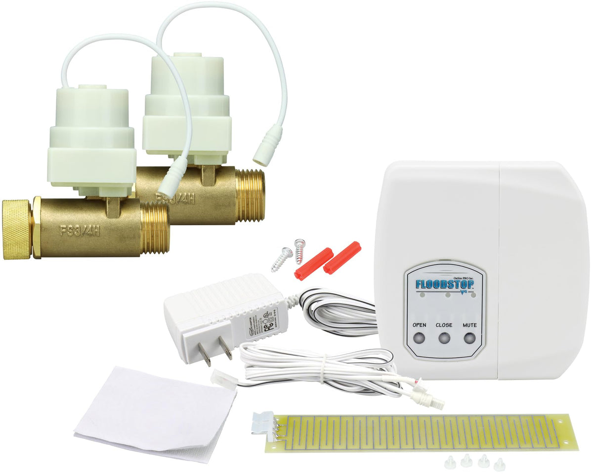 FloodStop Washing Machine Leak Detector Kit with Automatic Water Shut-Off and Visual/Audible Alarms, 3/4" 90deg, Hot & Cold Valves