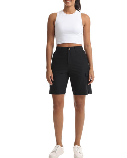 Yoglegins Women's Lightweight Hiking Cargo Shorts for Running Athletic Camping Travel Golf - Water Resistant with 5 Pockets (Black, X-Large)