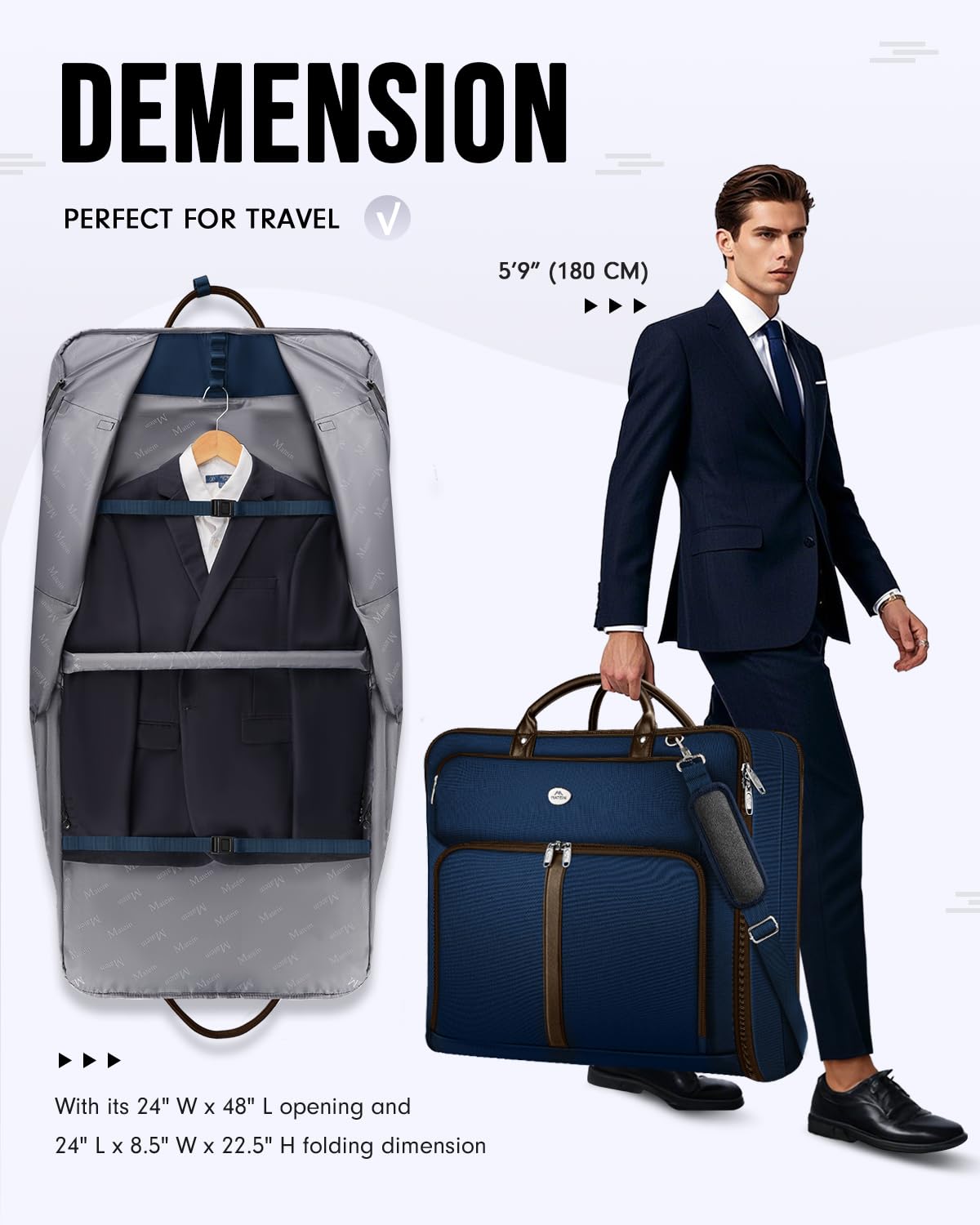 MATEIN Suit Bag Travel, Large Travel Garment Bag Up to 7 Suits with Strap, Business Foldable Garment Carrier Fit 17.3 inch laptop, 2 in 1 Carry On Hanging Luggage Suitcase with Shoe Compartment, Blue