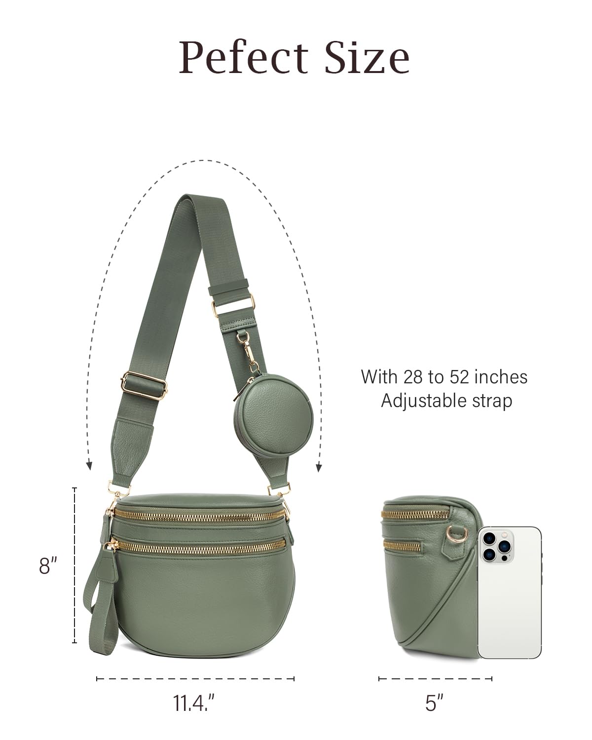 Valentoria Fashionable Womens Leather Waist Bag Crossbody Bag Detachable Wallet Adjustable Shoulder Strap (Bean Green)