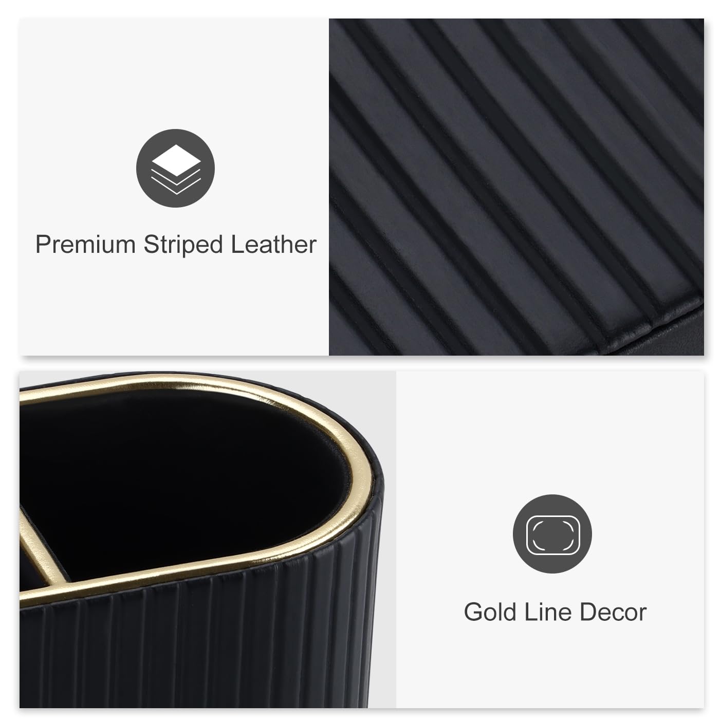 KINGFOM PU Leather Desk Organizer Pen Holder – Dual-Compartment Stylish Pencil Cup Remote Control Holder Desktop Supplies and Accessories Organizer Caddy for Office Home School (Black)