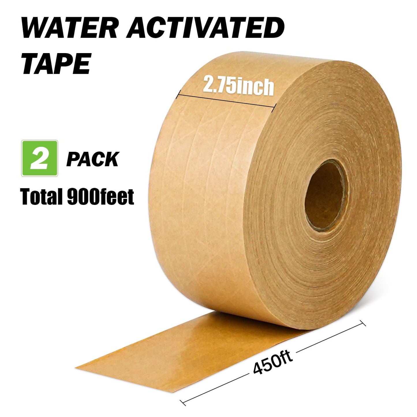 HZCOYIM 2 Rolls Value Pack - 2.75inch x 450ft Long Length Reinforced Water-Activated Brown Kraft Paper Tape for Heavy Duty Packaging, Moving and Industrial Use