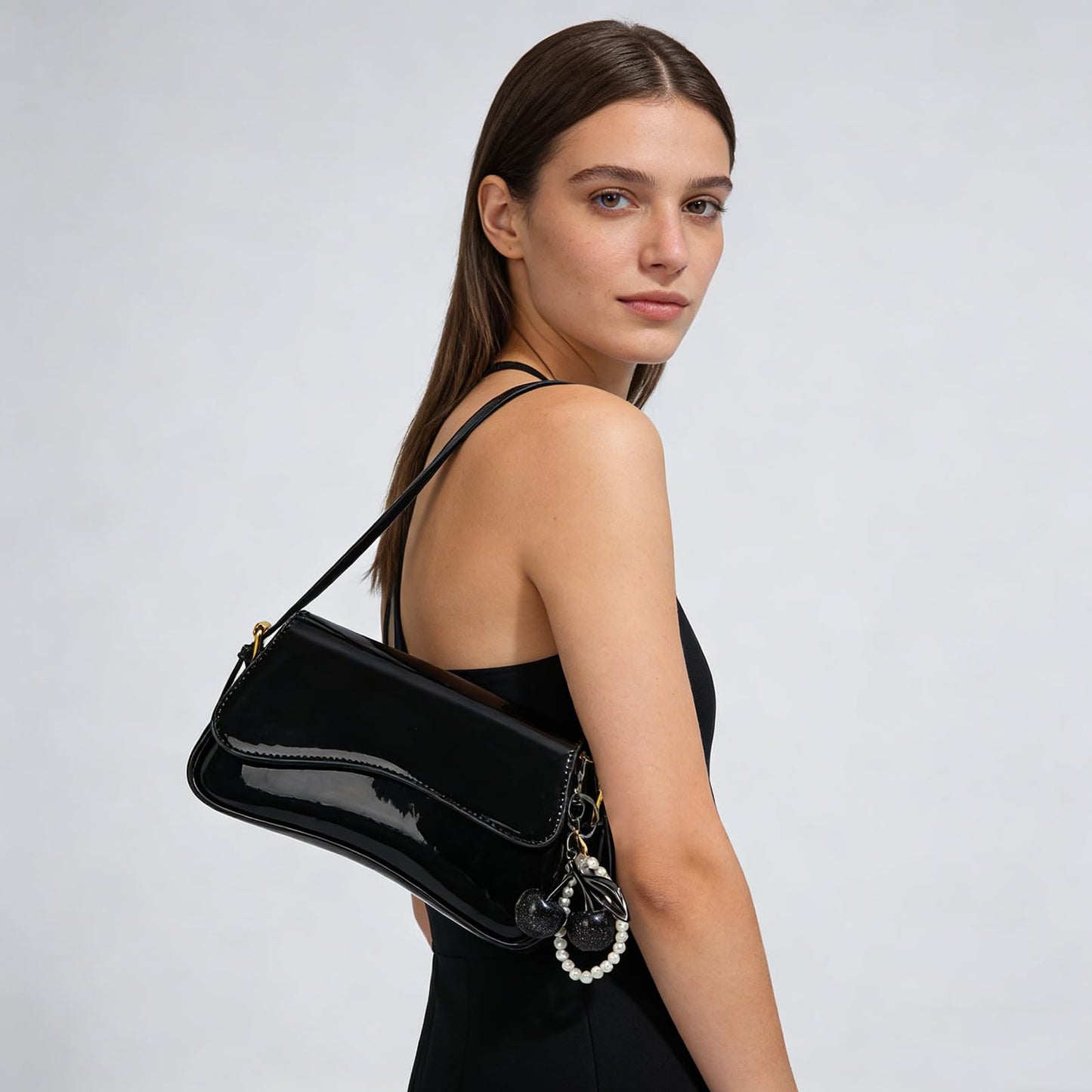 AOIR Black Purses for Women Trendy, Y2K Faux Leather Clutch Purse with Cherry Pendant,Crossbody Shoulder Bag and Handbags