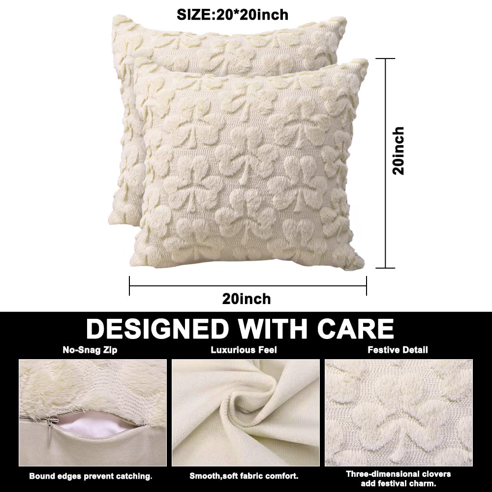 Heirloom Haven St Patrick’s Day Pillow Covers Set of 2,Beige Shamrock Irish Soft Plush Fluffy Faux Fur Jacquard Decorative Holiday Farmhouse Cushion Case for Sofa 20 x 20 Inch