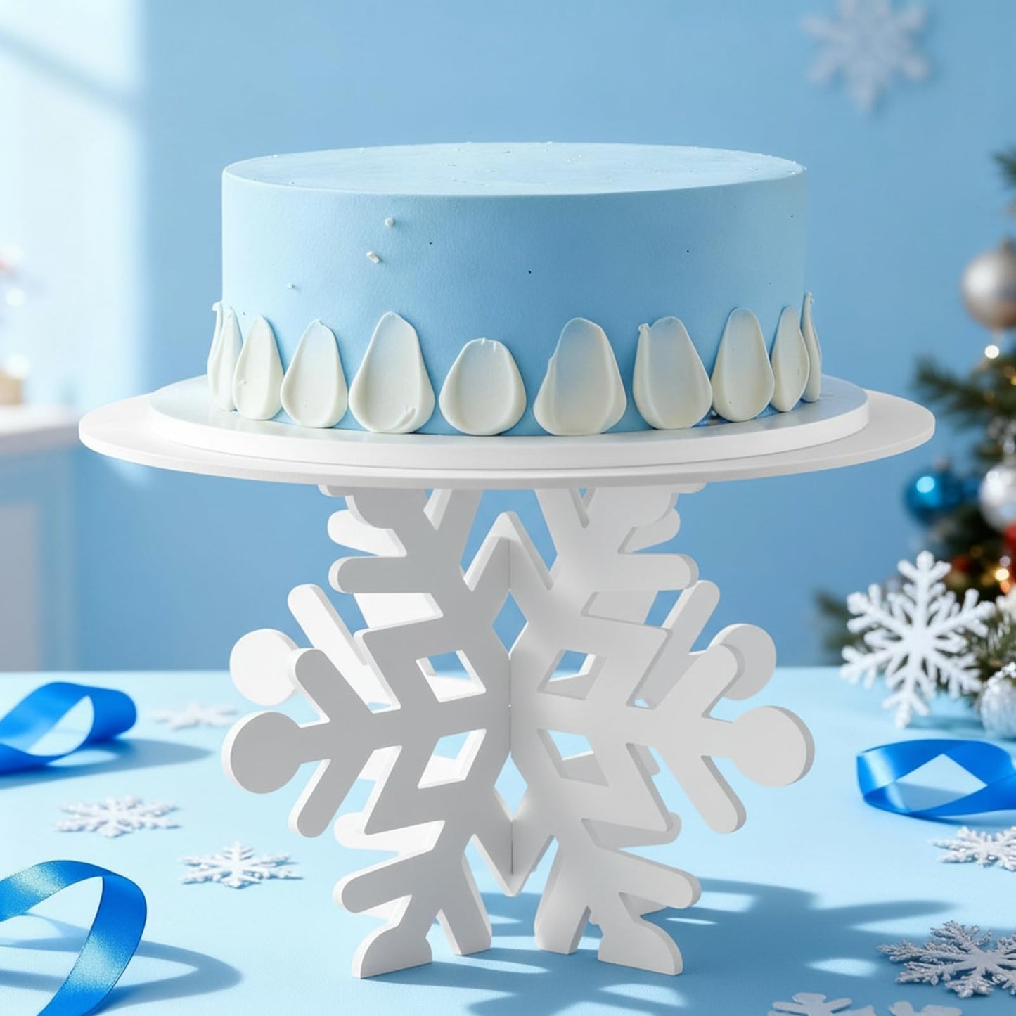 Lallisa 12" Snowflake Frozen Cake Stand White 3D Snowflake PVC Cake Decorations with Engraved Snow Themed Holder Winter Dessert Stand Centerpieces for Frozen Winter Birthday Party Supplies