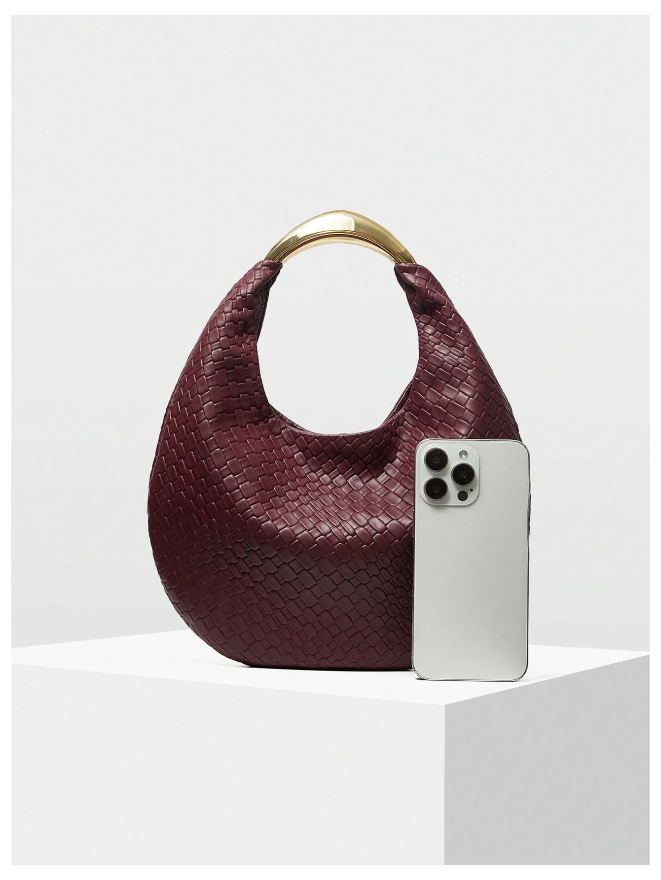 QWINEE Women's Woven Handbag Elegant Clutch Purse Metal Top Handle Cresent Evening Bag Retro PU Leather Clutch Purse Burgundy One Size