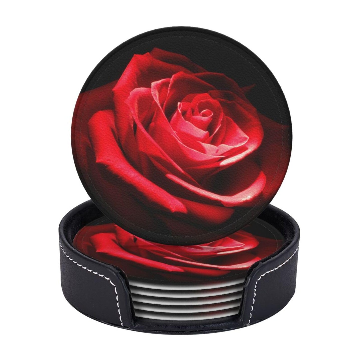 Stylish Red Rose Flower Coasters For Drinks Round Leather Coaster With Holder Set Of 6 For Tabletop Protection Desk Accessories Office Home Room Decor