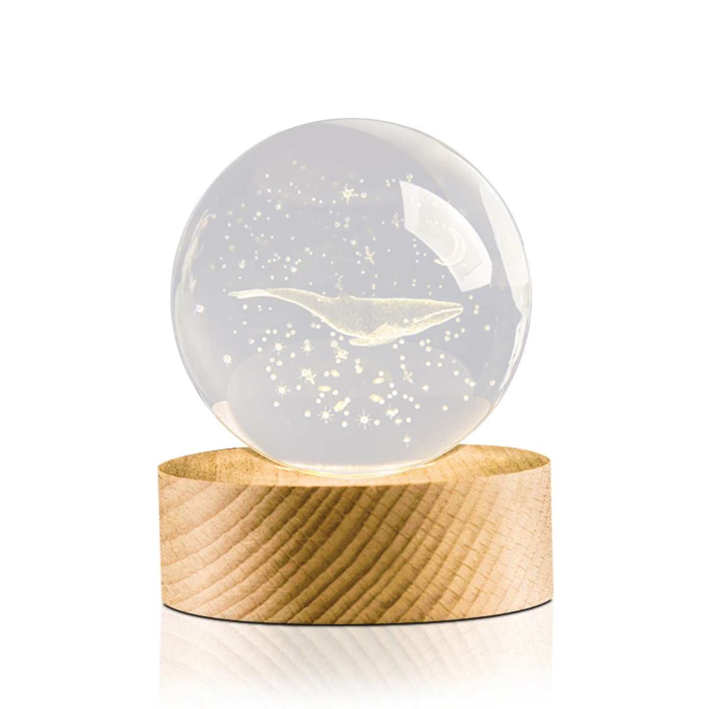 Flexzion 3D Whale Crystal Ball Night Light - LED Light Hologram Glass Lamp with Solid Wood Base, USB Powered Crystal Ball Lamp with Adjustable Brightness for Home Decor Display Gift, 2.4inch(60mm)