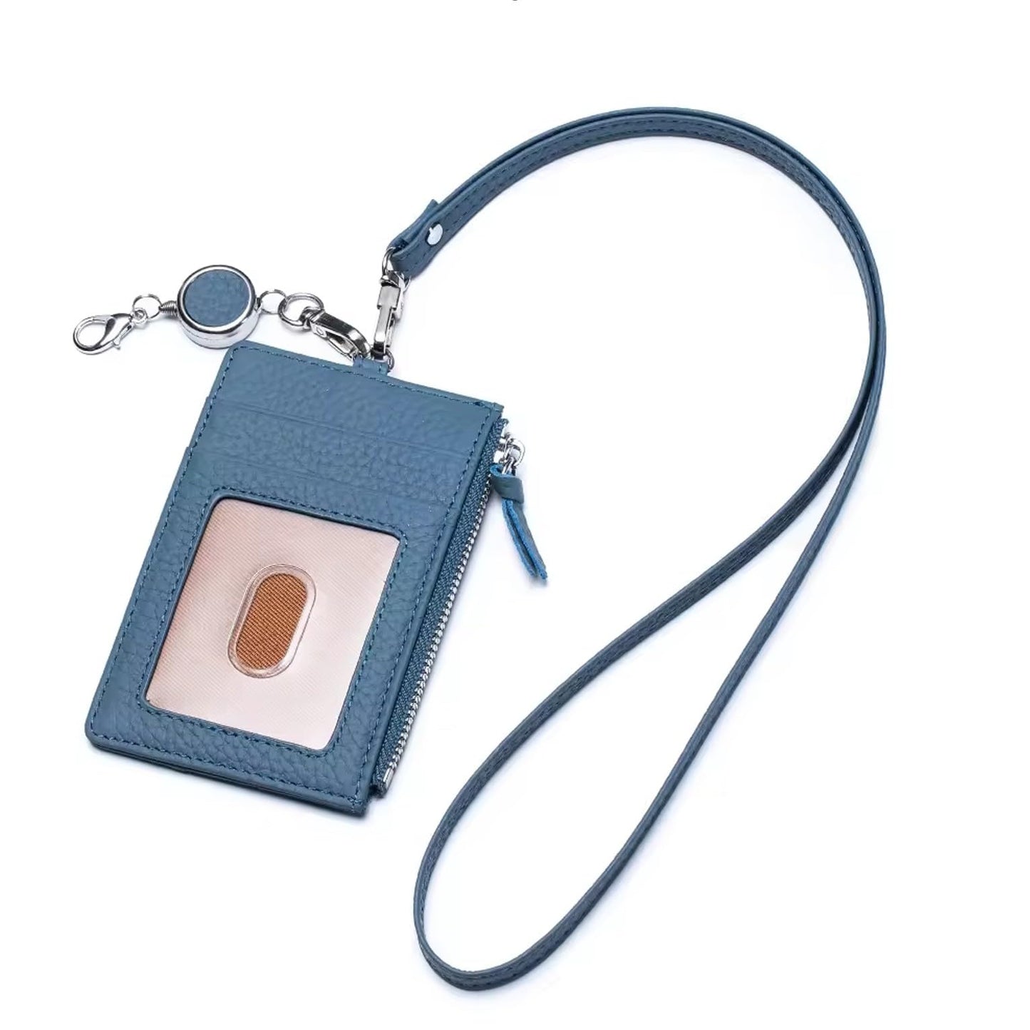 Genuine Real Leather ID Badge Holder with Lanyard & Retractable Reel, Card Holder Silver Metal Hardware Swivel Hook (Light Blue)