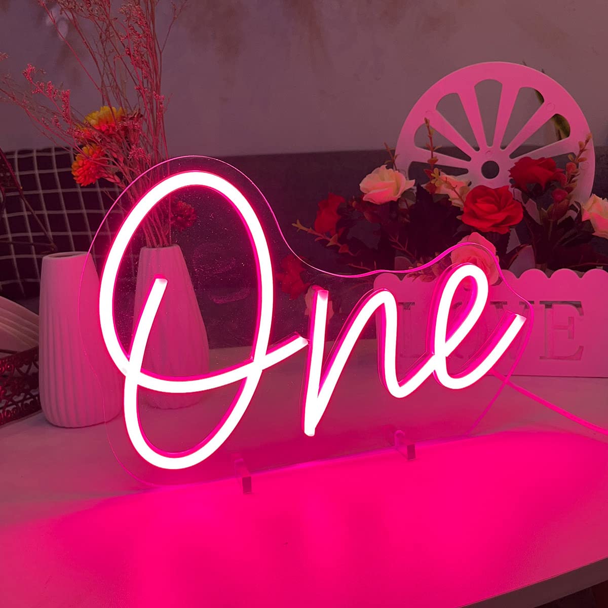 One Baby Birthday Neon Sign Table Number,Desk Lamp Night Light LED Neon Sign Custom Number Letter Sign Wedding Table Decorations Neon Light Bedroom Home Room Decor Christmas Party Pink USB 28.8×19.6CM