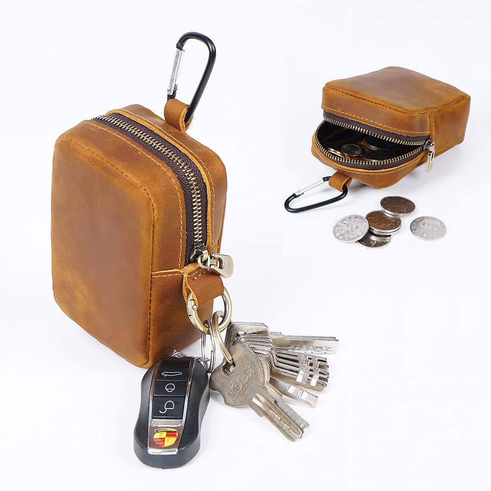 Wugebud 1 Pcs Leather Coin Pouch Keychain, Leather Mini Belt Bag,Coin Organizer, Change Holder, Leather zipper Pouch for Men & Women，Outdoor Running Sports Mini Storage Bag