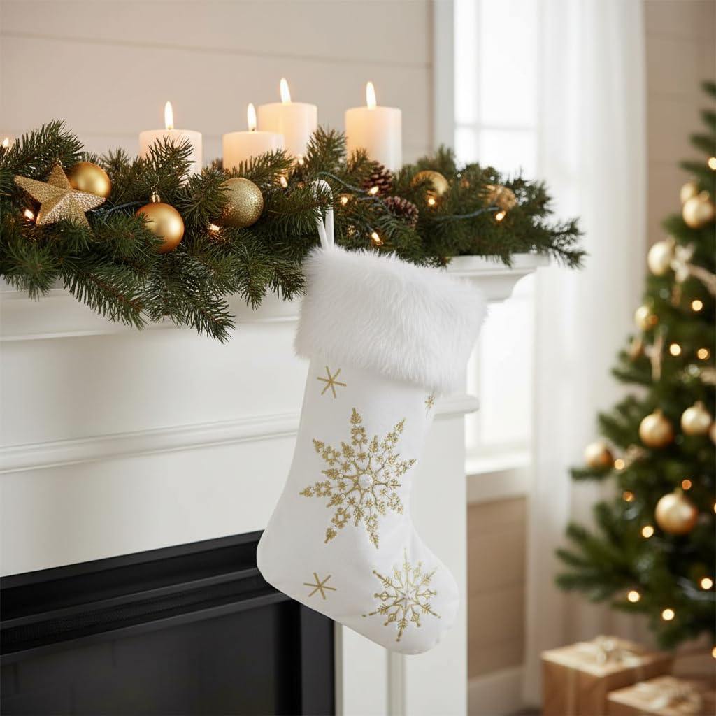 Comfy Hour 18" White Velvet Christmas Stocking, Gold Snowflake Embroidery with Faux Fur Trim, Elegant Holiday Mantel Hanging Decor, Traditional Winter Accent, Artisan Crafted Textile, 1 Unit