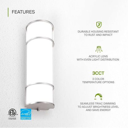 ASD LED 18" Vanity Flush Mount Light Fixture, Linear Bathroom Lighting Bar | 3CCT, Dimmable, Energy Star, ETL Listed | 20W 1650LM 3000-5000K 120V | Long Bath Wall Sconce Over Mirror | Nickel, 2 Pack