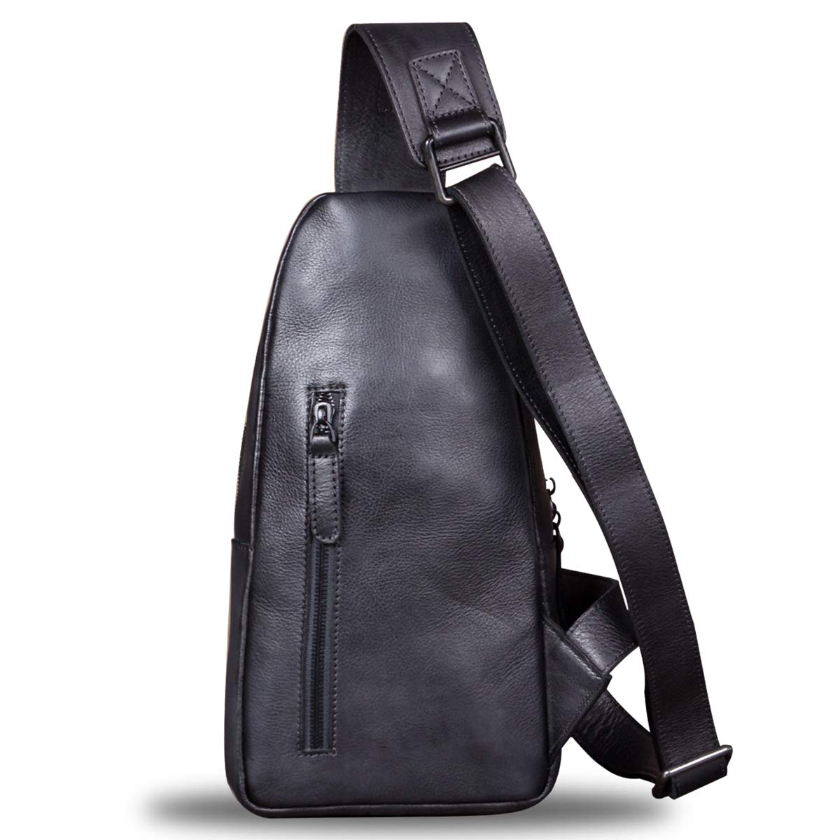 Genuine Leather Sling Bag for Men Chest Shoulder Crossbody Hiking Backpack Vintage Handmade Daypack (Black)