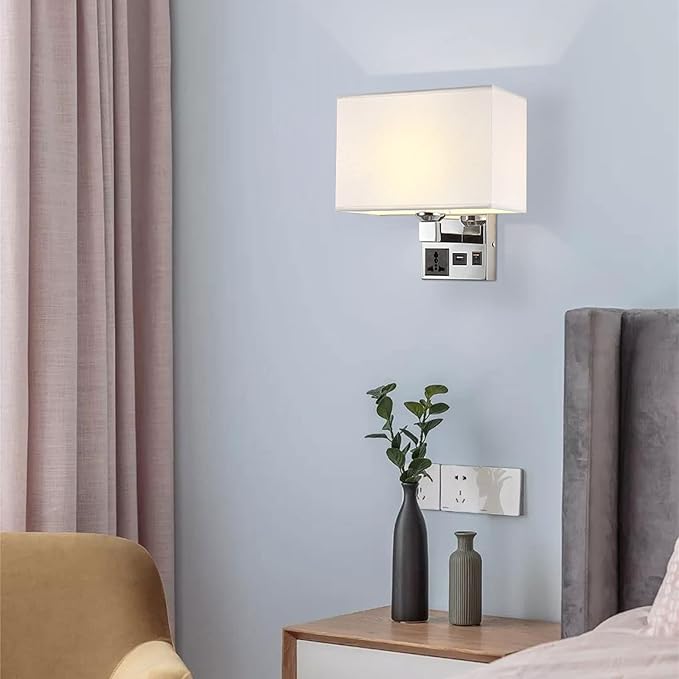 Bedside Wall Mount Light with USB, LED Reading Swing Arm Fabric Shade Wall Sconce, Hardwired Wall Lamp for Bedroom, Living Room Hotel (Chrome)