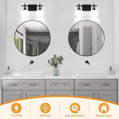 2-Light Black Bathroom Lighting Fixtures Over Mirror,Modern Vanity Lighting Fixtures,Bathroom Wall Mounted Vanity Light with Milky White Glass Lampshade for Living Room，Bedroom，Hallway