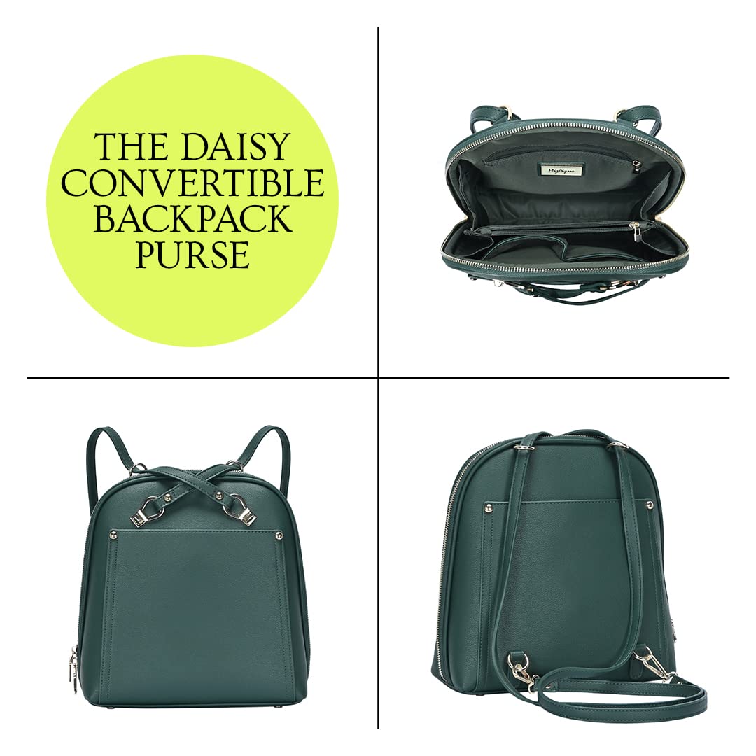 MMS Brands Miztique Daisy Convertible Backpack Purse for Women | Vegan Leather Shoulder Strap Bag or Convertible Backpack | (Emerald)