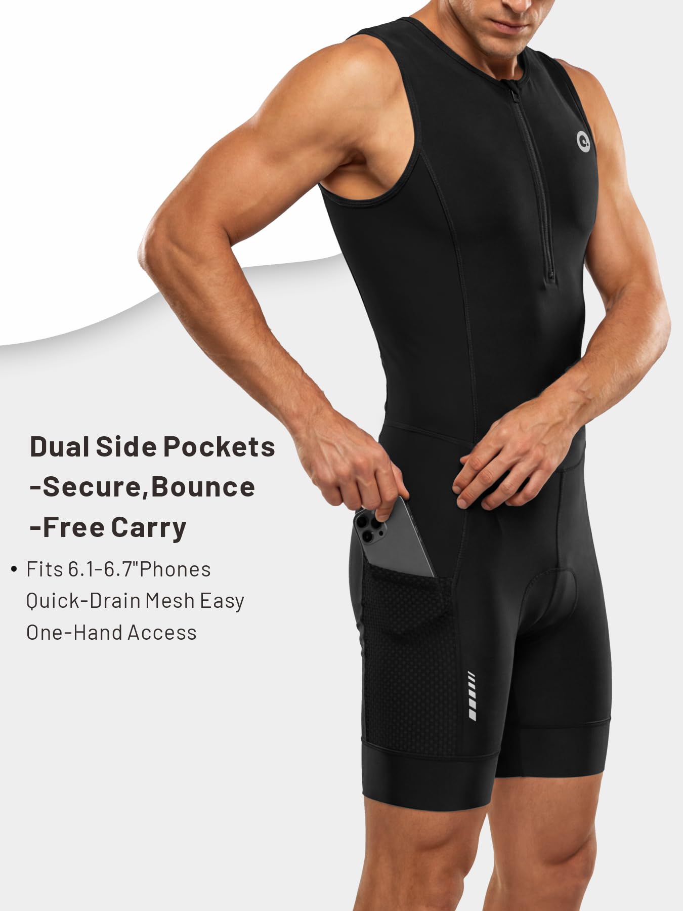 Men's Triathlon Suit Sleeveless One-Piece Trisuit for Swim Bike Run, Aero Fit, Race & Training Suit, 2 Mesh Pockets Black