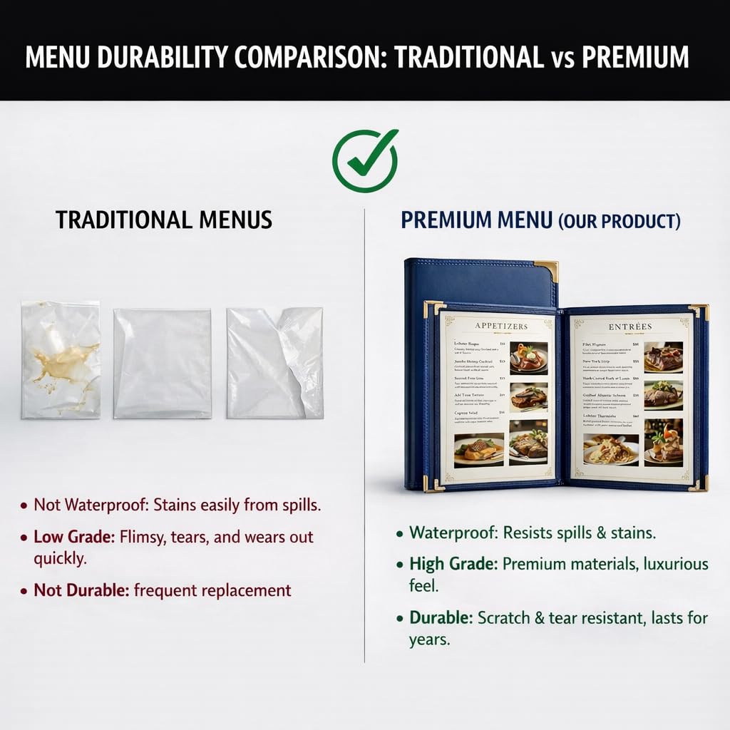 2-Pack Menu Covers 8.5x11 Inch, Navy Blue Leather Menu Holder for Restaurant Hotel, 2 Pages 4 Views Menu Book for Wine List, Dinner, Banquet & Catering