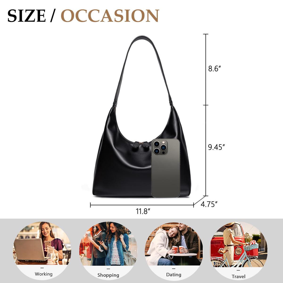 Small Shoulder Bag for Women Cute Hobo Purses Trendy Leather Tote Handbags Classic Black Underarm Purse with Double Zipper