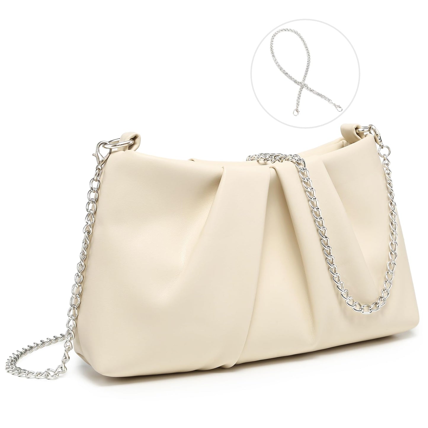 Dasein Elegant Pleated Evening Bag Soft Vegan Leather Clutch Purse Dressy Formal Handbag with 2 Chain Straps for Women (Apricot)